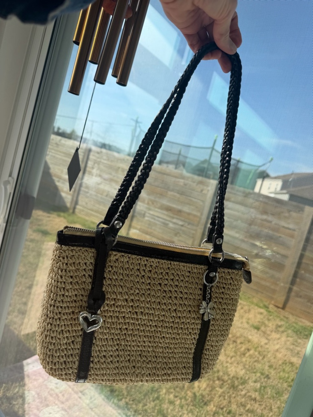 BRIGHTON Woven Straw Shoulder Bag with Black Trim and Braided Handles NEW